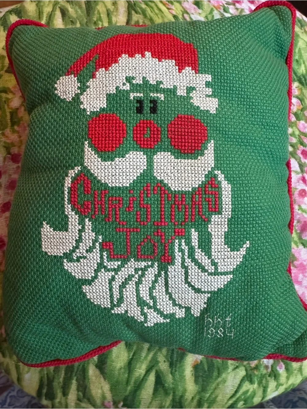 Vintage Holiday Green Santa Cross-Stitch Pillow - Christmas Joy